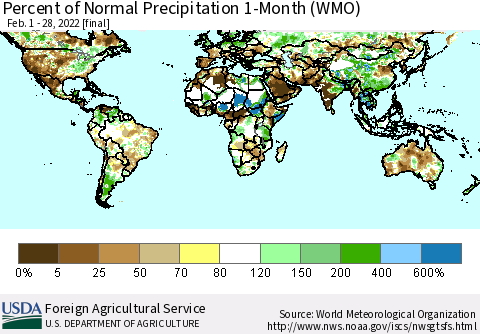 World Percent of Normal Precipitation 1-Month (WMO) Thematic Map For 2/1/2022 - 2/28/2022