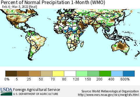 World Percent of Normal Precipitation 1-Month (WMO) Thematic Map For 2/6/2022 - 3/5/2022