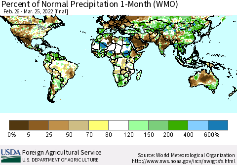 World Percent of Normal Precipitation 1-Month (WMO) Thematic Map For 2/26/2022 - 3/25/2022