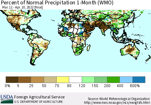 World Percent of Normal Precipitation 1-Month (WMO) Thematic Map For 3/11/2022 - 4/10/2022