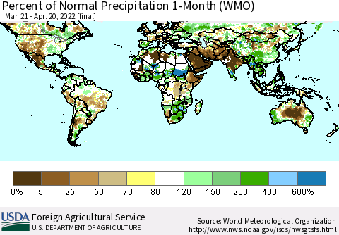 World Percent of Normal Precipitation 1-Month (WMO) Thematic Map For 3/21/2022 - 4/20/2022