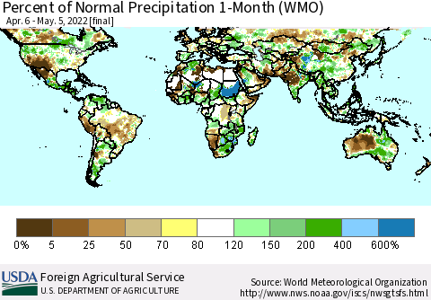 World Percent of Normal Precipitation 1-Month (WMO) Thematic Map For 4/6/2022 - 5/5/2022
