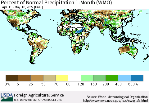 World Percent of Normal Precipitation 1-Month (WMO) Thematic Map For 4/11/2022 - 5/10/2022