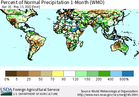 World Percent of Normal Precipitation 1-Month (WMO) Thematic Map For 4/16/2022 - 5/15/2022