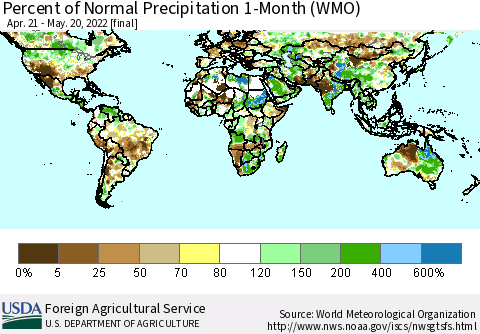 World Percent of Normal Precipitation 1-Month (WMO) Thematic Map For 4/21/2022 - 5/20/2022
