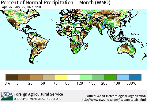 World Percent of Normal Precipitation 1-Month (WMO) Thematic Map For 4/26/2022 - 5/25/2022
