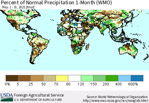 World Percent of Normal Precipitation 1-Month (WMO) Thematic Map For 5/1/2022 - 5/31/2022