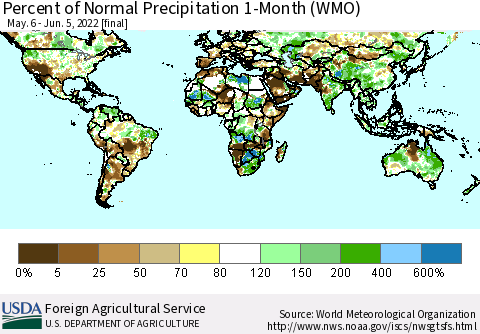 World Percent of Normal Precipitation 1-Month (WMO) Thematic Map For 5/6/2022 - 6/5/2022