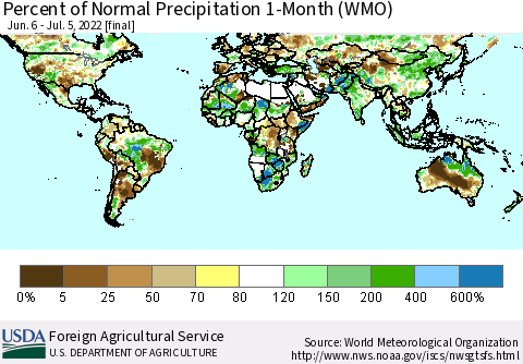 World Percent of Normal Precipitation 1-Month (WMO) Thematic Map For 6/6/2022 - 7/5/2022