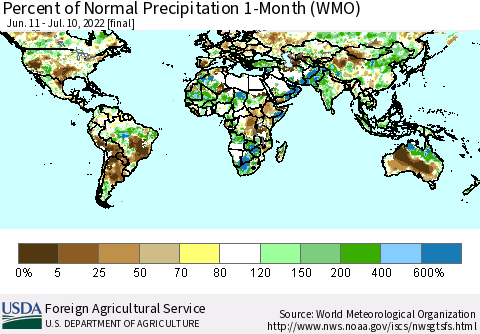 World Percent of Normal Precipitation 1-Month (WMO) Thematic Map For 6/11/2022 - 7/10/2022