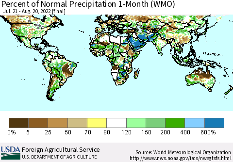 World Percent of Normal Precipitation 1-Month (WMO) Thematic Map For 7/21/2022 - 8/20/2022