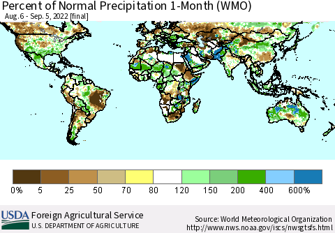 World Percent of Normal Precipitation 1-Month (WMO) Thematic Map For 8/6/2022 - 9/5/2022