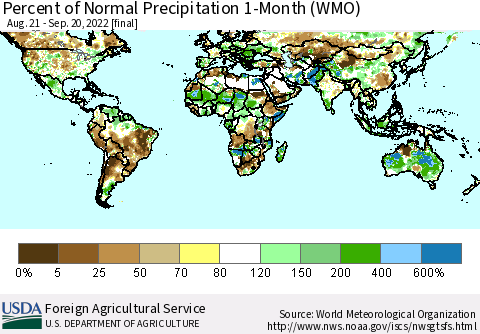 World Percent of Normal Precipitation 1-Month (WMO) Thematic Map For 8/21/2022 - 9/20/2022
