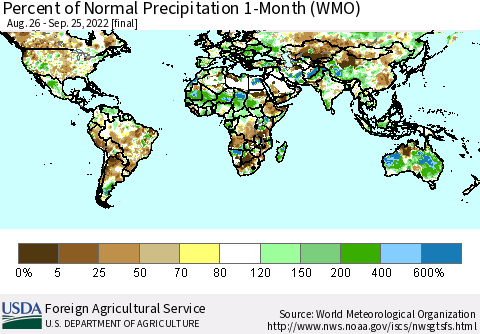 World Percent of Normal Precipitation 1-Month (WMO) Thematic Map For 8/26/2022 - 9/25/2022