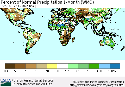 World Percent of Normal Precipitation 1-Month (WMO) Thematic Map For 9/16/2022 - 10/15/2022