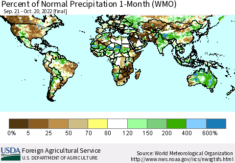 World Percent of Normal Precipitation 1-Month (WMO) Thematic Map For 9/21/2022 - 10/20/2022