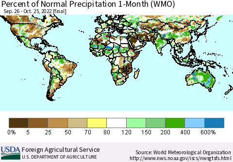 World Percent of Normal Precipitation 1-Month (WMO) Thematic Map For 9/26/2022 - 10/25/2022