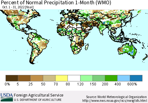 World Percent of Normal Precipitation 1-Month (WMO) Thematic Map For 10/1/2022 - 10/31/2022