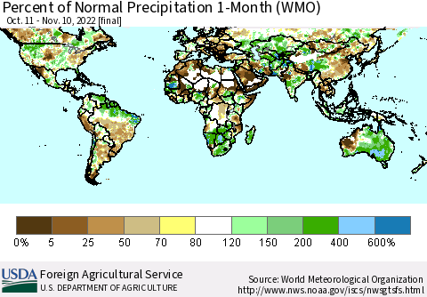 World Percent of Normal Precipitation 1-Month (WMO) Thematic Map For 10/11/2022 - 11/10/2022