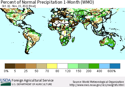 World Percent of Normal Precipitation 1-Month (WMO) Thematic Map For 10/16/2022 - 11/15/2022