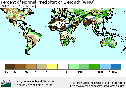 World Percent of Normal Precipitation 1-Month (WMO) Thematic Map For 10/26/2022 - 11/25/2022