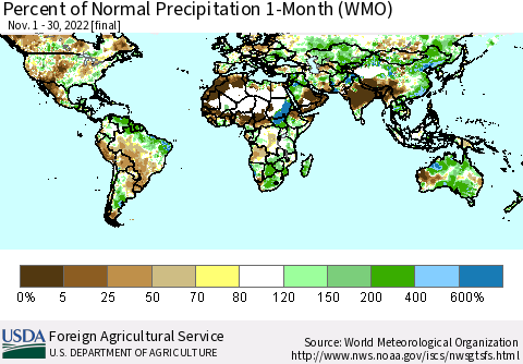 World Percent of Normal Precipitation 1-Month (WMO) Thematic Map For 11/1/2022 - 11/30/2022