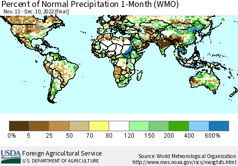 World Percent of Normal Precipitation 1-Month (WMO) Thematic Map For 11/11/2022 - 12/10/2022