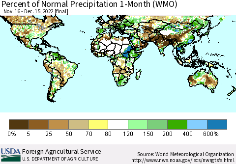 World Percent of Normal Precipitation 1-Month (WMO) Thematic Map For 11/16/2022 - 12/15/2022