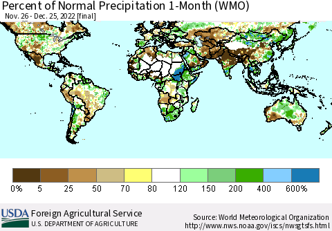 World Percent of Normal Precipitation 1-Month (WMO) Thematic Map For 11/26/2022 - 12/25/2022
