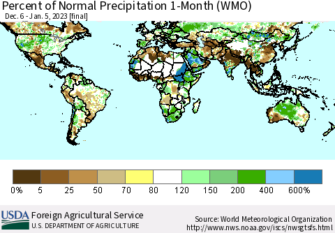World Percent of Normal Precipitation 1-Month (WMO) Thematic Map For 12/6/2022 - 1/5/2023