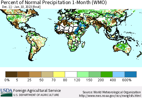 World Percent of Normal Precipitation 1-Month (WMO) Thematic Map For 12/11/2022 - 1/10/2023