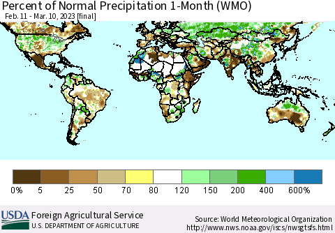 World Percent of Normal Precipitation 1-Month (WMO) Thematic Map For 2/11/2023 - 3/10/2023