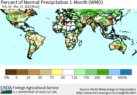 World Percent of Normal Precipitation 1-Month (WMO) Thematic Map For 2/16/2023 - 3/15/2023