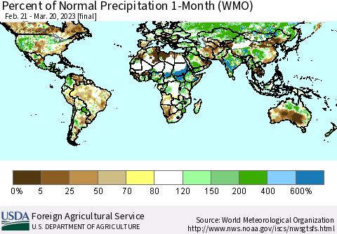 World Percent of Normal Precipitation 1-Month (WMO) Thematic Map For 2/21/2023 - 3/20/2023