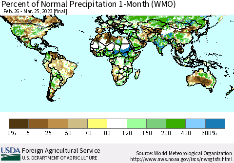World Percent of Normal Precipitation 1-Month (WMO) Thematic Map For 2/26/2023 - 3/25/2023