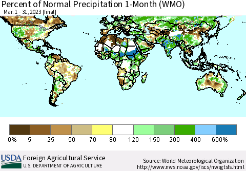 World Percent of Normal Precipitation 1-Month (WMO) Thematic Map For 3/1/2023 - 3/31/2023