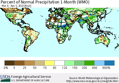 World Percent of Normal Precipitation 1-Month (WMO) Thematic Map For 3/6/2023 - 4/5/2023