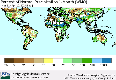 World Percent of Normal Precipitation 1-Month (WMO) Thematic Map For 3/11/2023 - 4/10/2023