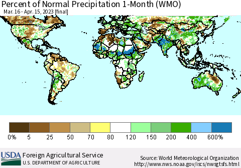 World Percent of Normal Precipitation 1-Month (WMO) Thematic Map For 3/16/2023 - 4/15/2023