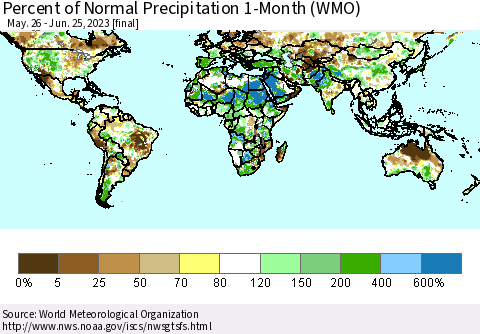 World Percent of Normal Precipitation 1-Month (WMO) Thematic Map For 5/26/2023 - 6/25/2023