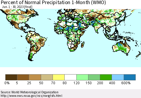 World Percent of Normal Precipitation 1-Month (WMO) Thematic Map For 6/1/2023 - 6/30/2023
