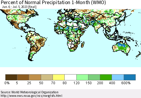 World Percent of Normal Precipitation 1-Month (WMO) Thematic Map For 6/6/2023 - 7/5/2023