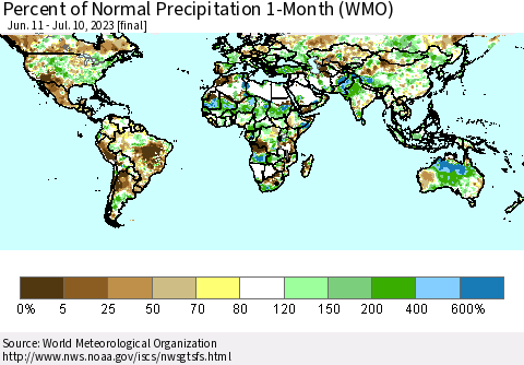 World Percent of Normal Precipitation 1-Month (WMO) Thematic Map For 6/11/2023 - 7/10/2023