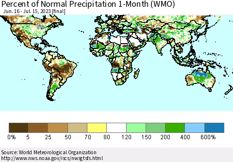 World Percent of Normal Precipitation 1-Month (WMO) Thematic Map For 6/16/2023 - 7/15/2023