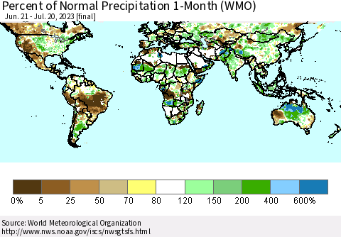 World Percent of Normal Precipitation 1-Month (WMO) Thematic Map For 6/21/2023 - 7/20/2023