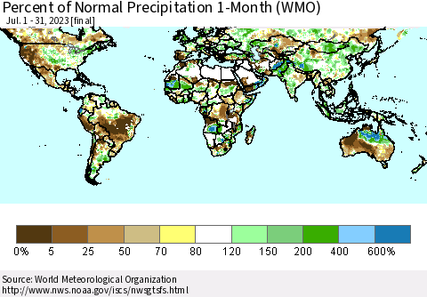 World Percent of Normal Precipitation 1-Month (WMO) Thematic Map For 7/1/2023 - 7/31/2023