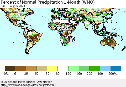 World Percent of Normal Precipitation 1-Month (WMO) Thematic Map For 7/6/2023 - 8/5/2023