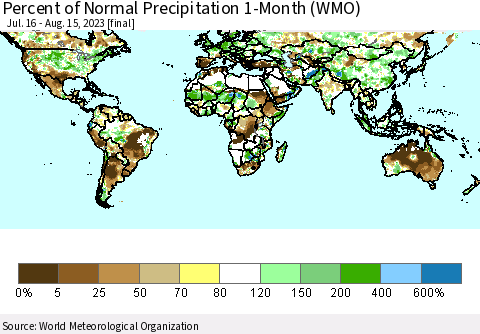 World Percent of Normal Precipitation 1-Month (WMO) Thematic Map For 7/16/2023 - 8/15/2023