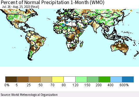 World Percent of Normal Precipitation 1-Month (WMO) Thematic Map For 7/26/2023 - 8/25/2023
