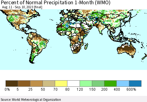 World Percent of Normal Precipitation 1-Month (WMO) Thematic Map For 8/11/2023 - 9/10/2023